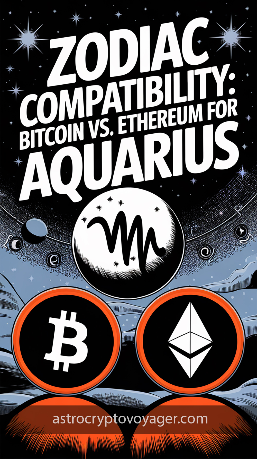 Comic book style, black and white with orange accents: Text on the image: "Zodiac Compatibility Bitcoin vs. Ethereum for Aquarius"